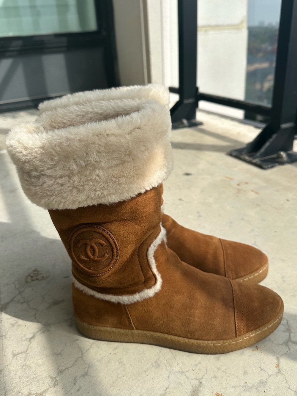 CHANEL Tan Suede Shearling Boots with Cream Fur Cuff